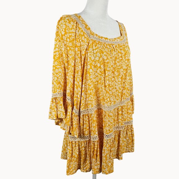 Womens Magnolia Lane L Tunic Yellow Floral Ruffled Boho Cottage Prairie Country - Picture 1 of 15